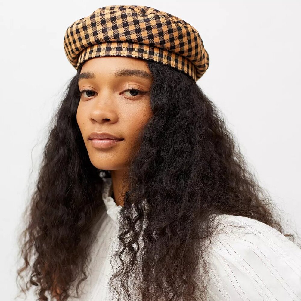 Brixton Fiddler Beret Cap Hat Gingham Plaid Yellow Black NEW Sizes S, M, L - Picture 2 of 14